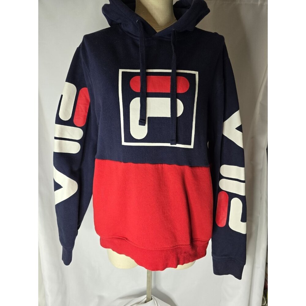 FILA Marzio Pullover Hoodie Mens M Navy & Red Drawstring Color Block
